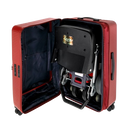 Close Up Front Centered View Of The FreeRiderUSA Luggie Suitcase Shown In The Red Color In The Opened Position