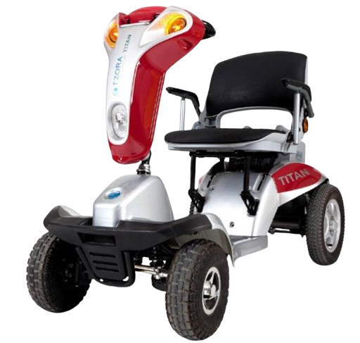Close Up Front Left Side View Of The Tzora Titan 4 Hummer Medical Mobility Scooter Shown In Red Color