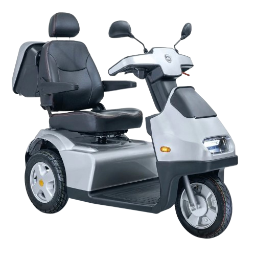 Close Up Front Right Side View Of The AFIKIM Afiscooter S3 Scooter Shown In The Silver Color With Optional Rear Lock Box