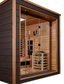 Close Up Front Right Side View Of The Golden Designs Visby 3-Person Hybrid Outdoor Sauna | GDI-8223-01