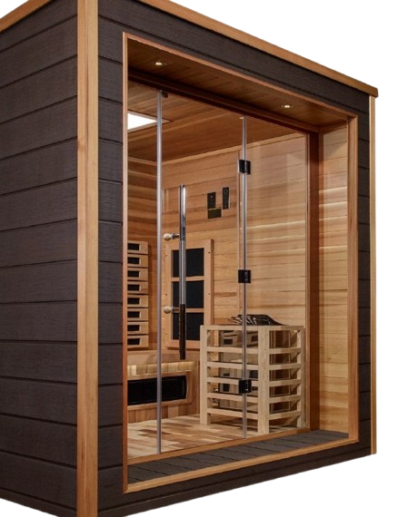 Close Up Front Right Side View Of The Golden Designs Visby 3-Person Hybrid Outdoor Sauna | GDI-8223-01