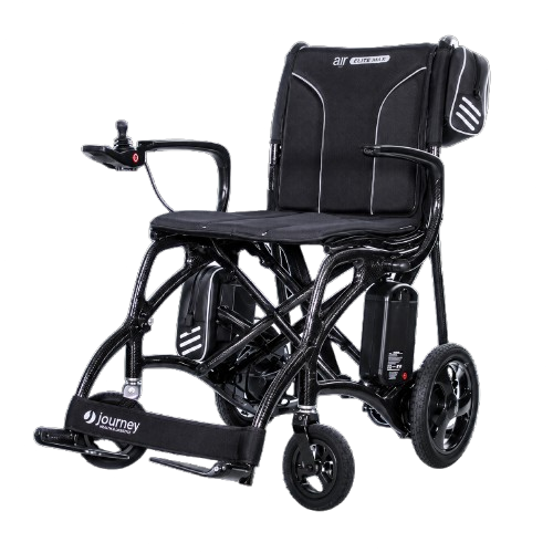 Close Up Front Right Side View Of The Journey Air Elite Max Carbon Fiber Electric Wheelchair