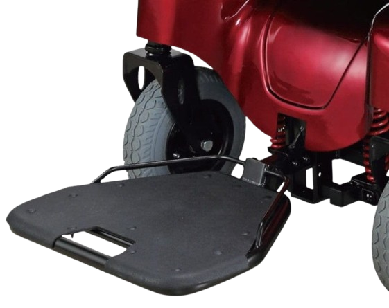 Close Up Front View Of The Merits Atlantis Heavy Duty Power Chair Footplate In Red Color