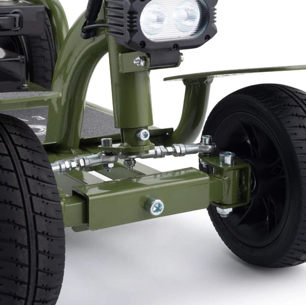 Close Up Front View Of The Reyhee EXO Electric Mobility Scooter Shown With The Green Frame