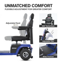 Close Up Images Of The Adjustable Seat 360 Degree Swivel Seat Adjustable Tiller And Wider Footrest For The Metro Mobility S500 4-Wheel Mobility Scooter Shown In Blue Color