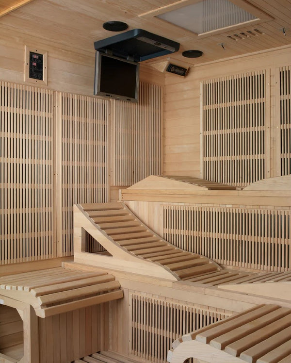 Close Up Inside View Of The Golden Designs Monaco 6-Person Near Zero EMF Far Infrared Indoor Sauna |  GDI-6996-01