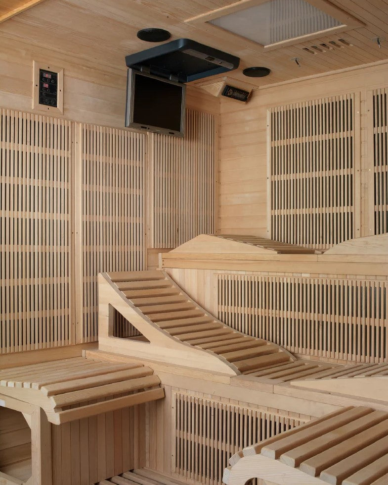 Close Up Inside View Of The Golden Designs Monaco 6-Person Near Zero EMF Far Infrared Indoor Sauna |  GDI-6996-01
