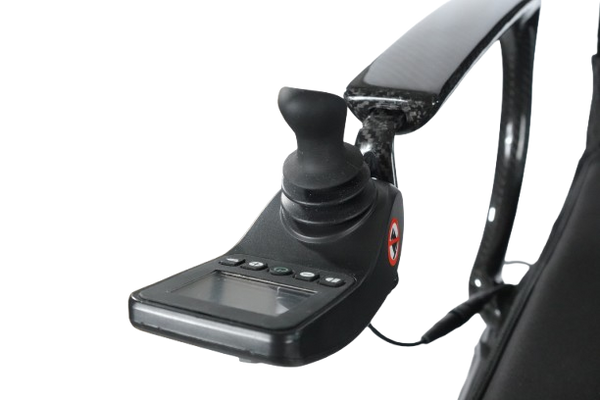Close Up Joystick View Of The Journey Air Elite Max Carbon Fiber Electric Wheelchair