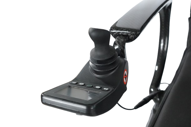 Close Up Joystick View Of The Journey Air Elite Max Carbon Fiber Electric Wheelchair