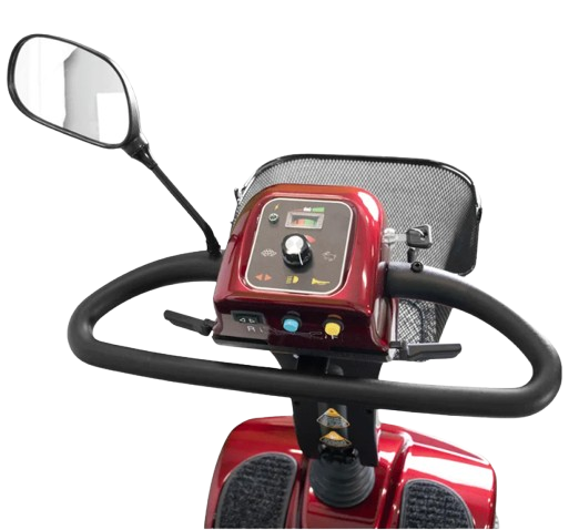 Close Up Overhead View Of The Control Panel For The Merits Pioneer 4 Mobility Scooter Shown In Red Color
