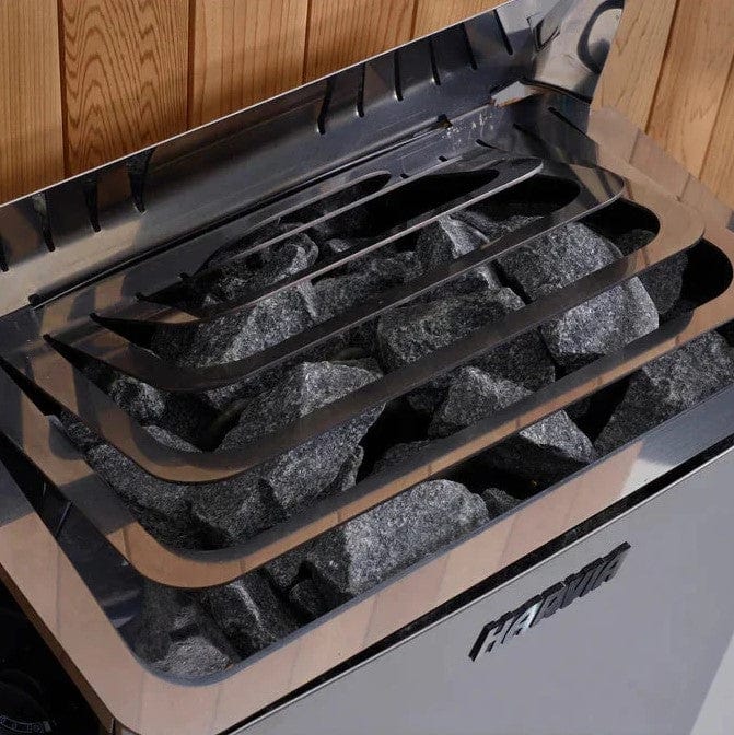 Close Up Overhead View Of The Harvia Heater Inside The Golden Designs Engelberg 6-Person Indoor Sauna | GDI-7030-01