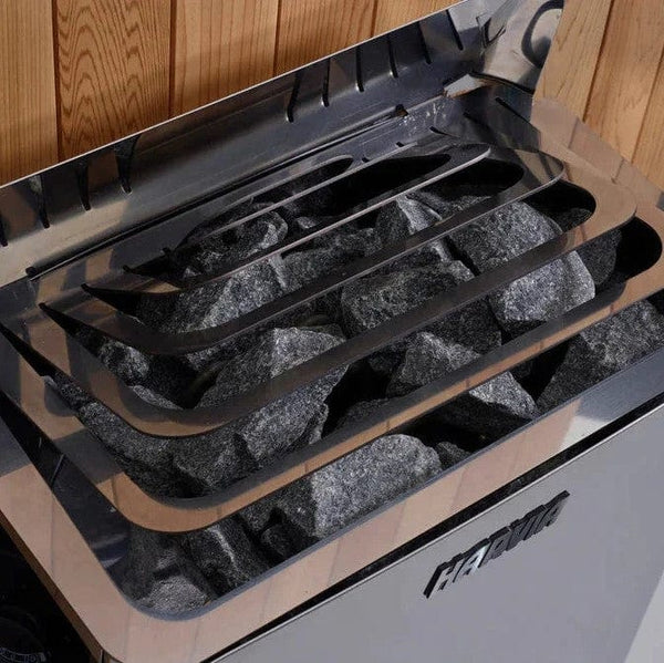 Close Up Overhead View Of The Harvia Heater Inside The Golden Designs Narvik 2-Person Outdoor Sauna | GDI-8202-01
