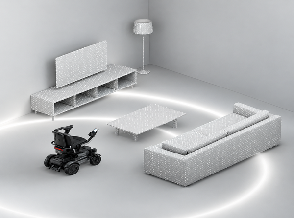 Close Up Overhead View Of The STRUTT ev1 Smart Electric Mobility Vehicle Shown In A Living Room Setting Demonstrating The EvSense Feature