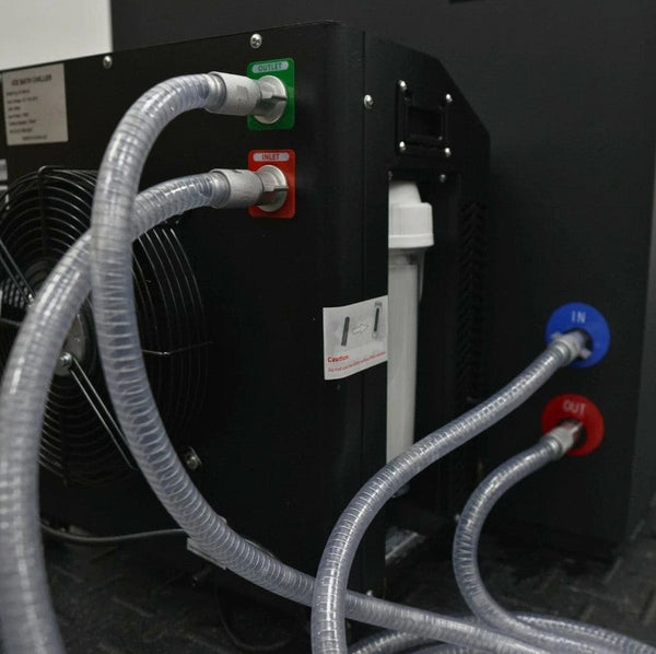 Close Up Rear View Of The Chiller Connections For The Dynamic Cedar Cold Plunge Barrel