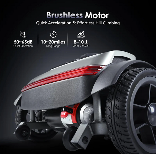 Close Up Rear View Of The Metro Mobility Air Traveller 4 Wheel Travel Mobility Scooter With Text Brushless Motor
