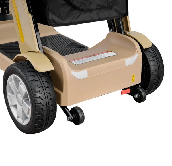Close Up Rear View Of The Reyhee Flex Electric Folding Mobility Scooter With The Tan Colored Frame