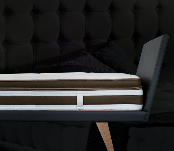 Close Up Right Side View Of The Eurolux Lux By Naturalia: The 6-Layer Luxury Mattress Crafted By Masters Shown On A Platform Bed Frame