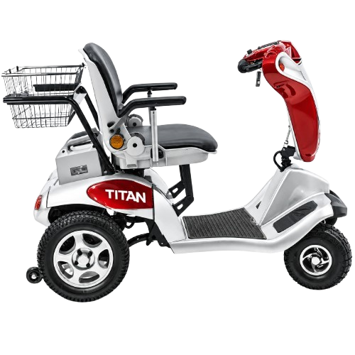 Close Up Right Side View Of The Tzora Titan 4 Hummer Medical Mobility Scooter Shown In Red Color