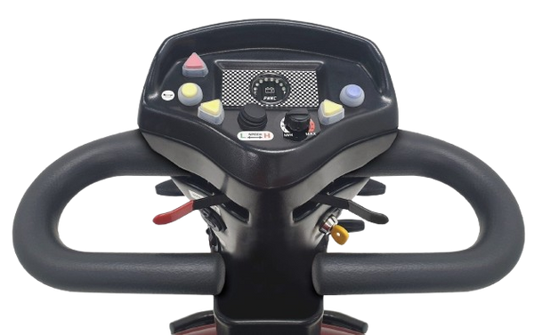 Vista de cerca del panel de control del scooter de movilidad de 4 ruedas Shoprider Expedition XL 4 Deluxe
