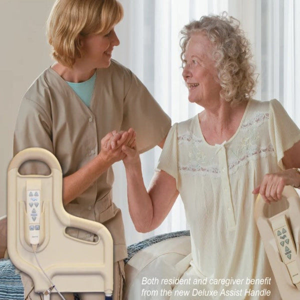 Close Up View Of A Caregiver Assisting An Elderly Woman Exiting The Joerns EasyCare Hi-Low Adjustable Homecare Bed
