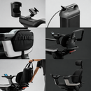 Close Up View Of A Collage Image Of All The Optional Accessories For The STRUTT ev1 Smart Electric Mobility Vehicle Including The Extended Backrest Smart Push Handle Phone And Cup Mount Rear Storage Side Storage And Flight-Safe Battery