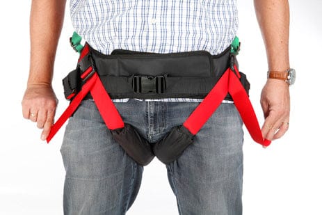 Close Up View Of A Man Wearing The Harness Belt For The TR Equipment Gate Bure Rise & Go