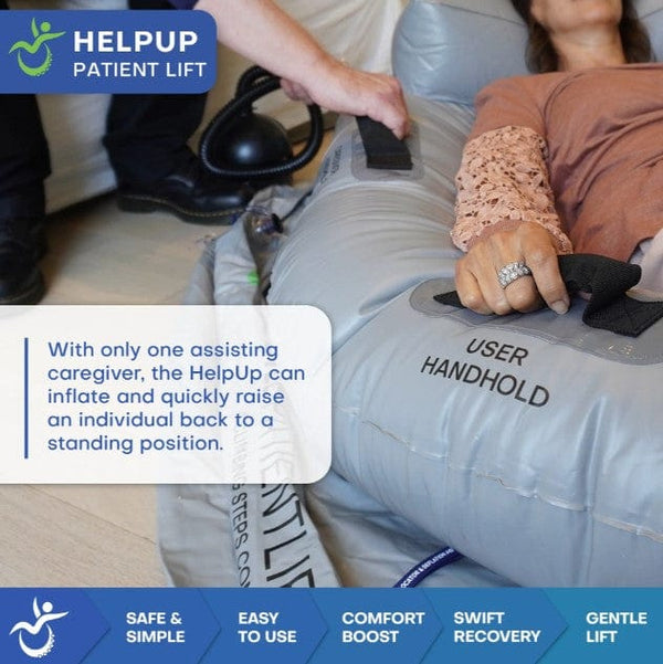 Close Up View Of A Patient Using The HelpUp Patient Lift With The Assistance Of A Caregiver Shown With Text Highlighting Its Easy Inflation Capability