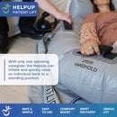 Close Up View Of A Patient Using The HelpUp Patient Lift With The Assistance Of A Caregiver Shown With Text Highlighting Its Easy Inflation Capability