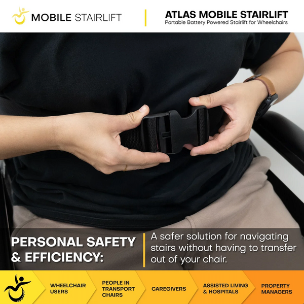 Close Up View Of A Person Attaching A Seatbelt Clip For The Atlas Stair Climbing Wheelchair Lift
