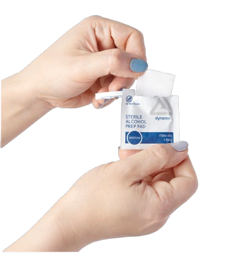Close Up View Of A Person Opening The Dynarex Sterile Alcohol Prep Pads