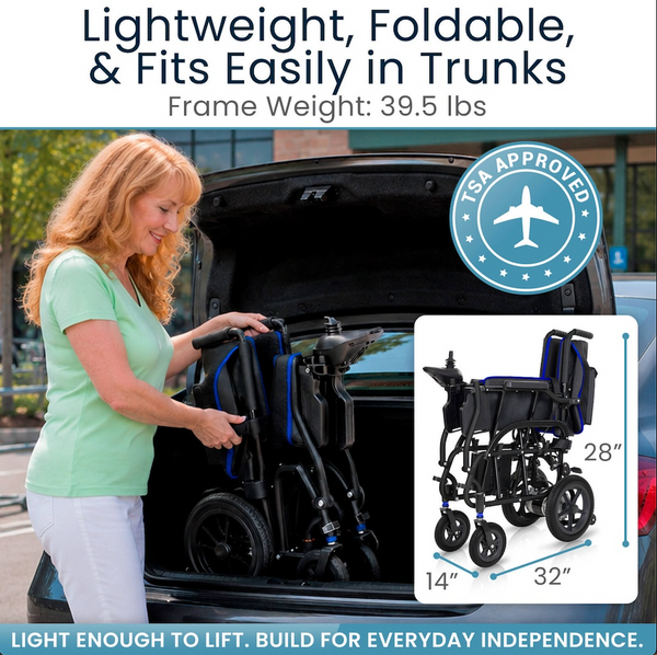 Close Up View Of A Woman Loading The Vive Health Air Frame Power Wheelchair Into The Trunk Of Her Car With A TSA APPROVED Badge