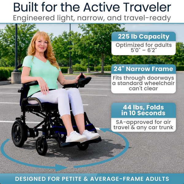 Close Up View Of A Woman Riding The Vive Health Air Frame Power Wheelchair In A Parking Lot Setting With Text Built For The Active Traveler And Engineered Light Narrow An Travel-Ready