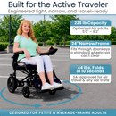 Close Up View Of A Woman Riding The Vive Health Air Frame Power Wheelchair In A Parking Lot Setting With Text Built For The Active Traveler And Engineered Light Narrow An Travel-Ready