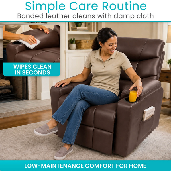 Close Up View Of A Woman Sitting In The Vive Health Lounge Lift Chair Placing Her Drink In The Left Side Cupholder Shown In A Living Room Setting WithText Simple Care Routine