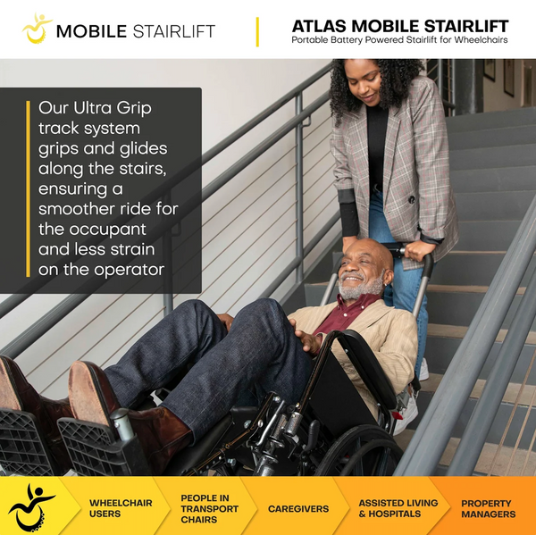 Close Up View Of A Woman Using The Atlas Stair Climbing Wheelchair Lift To Move An Elderly Man Up A Flight Of Stairs
