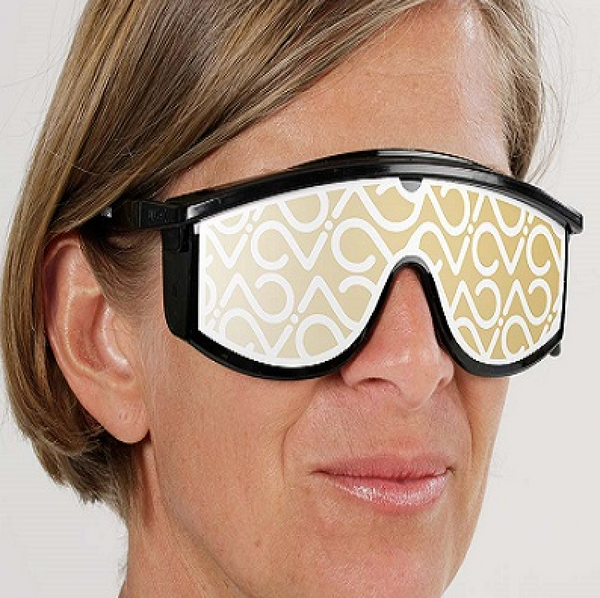 Close Up View Of A Woman Wearing The Eye Care Applicator For The Cellvital Homecare CV-HC PEMF Therapy System