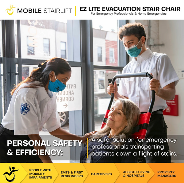 Close Up View Of Emergency People Assisting Woman With The Mobile Stairlift EZ LITE Evacuation Stair Chair