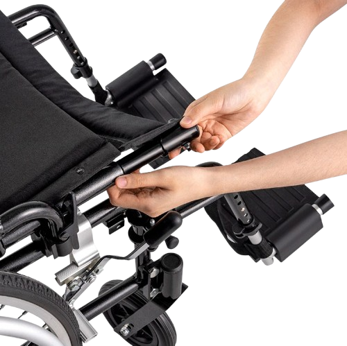Close Up View Of Human Arms Adjusting The Seat Depth Of The Dynarex DynaRide S5 Ultra Lite Wheelchair