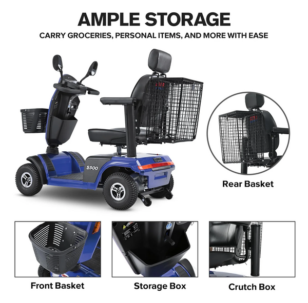 Close Up View Of Multiple Images Of The Storage Compartments For The Metro Mobility S500 4-Wheel Mobility Scooter Shown In Blue Color With Text Ample Storage
