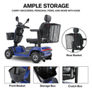 Close Up View Of Multiple Images Of The Storage Compartments For The Metro Mobility S500 4-Wheel Mobility Scooter Shown In Blue Color With Text Ample Storage