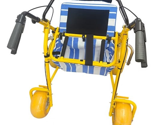 Close Up View Of The AccessRec AccessWalk® All-Terrain Beach Rollator Under-Seat Storage Basket Shown In Yellow And Black Color