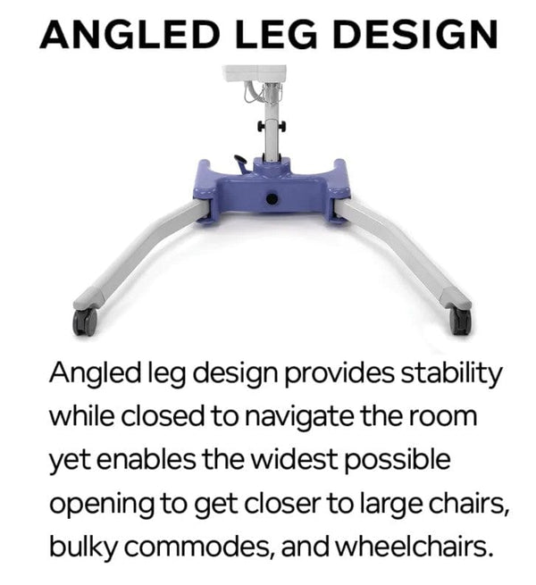 Close Up View Of The Angled Leg Design For The Joerns Hoyer Advance-E Portable Electric Professional Patient Lift Highlighting The Benefit Of The Leg Design