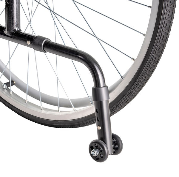 Close Up View Of The Anti Tip Wheel Of The Dynarex DynaRide S5 Ultra Lite Wheelchair