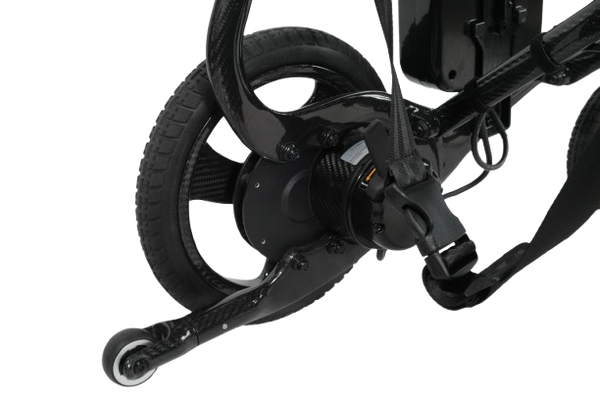 Close Up View Of The Anti Tip Wheel Of The Journey Air Elite Max Carbon Fiber Electric Wheelchair