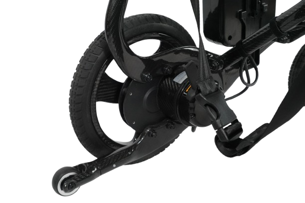 Close Up View Of The Anti Tip Wheel Of The Journey Air Elite Max Carbon Fiber Electric Wheelchair