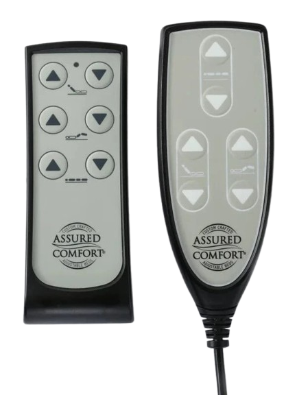 Close Up View Of The Assured Comfort Mobile Hi Low Adjustable Bed Wired And Wireless Remote Controls
