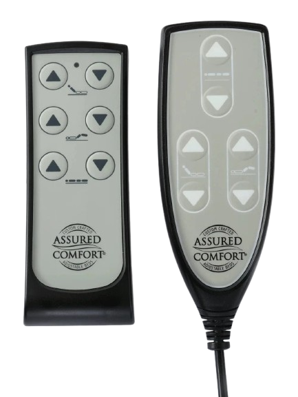 Close Up View Of The Assured Comfort Platform Hi Low Adjustable Bed Wired And Wireless Remotes