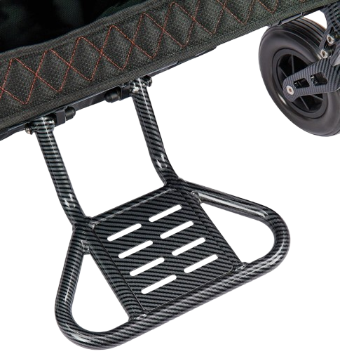 Close Up View Of The Bangeran Mammoth EX Electric Wheelchair Shown With Black And Orange Color Footrest