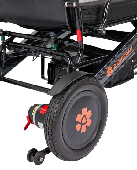 Close Up View Of The Bangeran Mammoth EX Electric Wheelchair Shown With Black And Orange Color Wheel