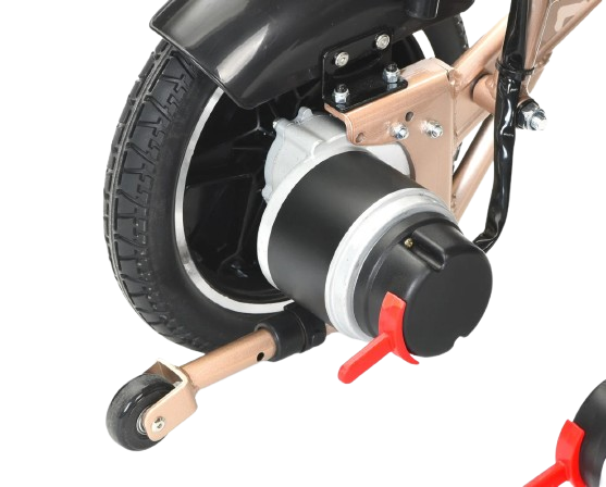 Close Up View Of The Bangeran Pegasus Cerebral Palsy Kids Electric Wheelchair Anti Tip Wheel 